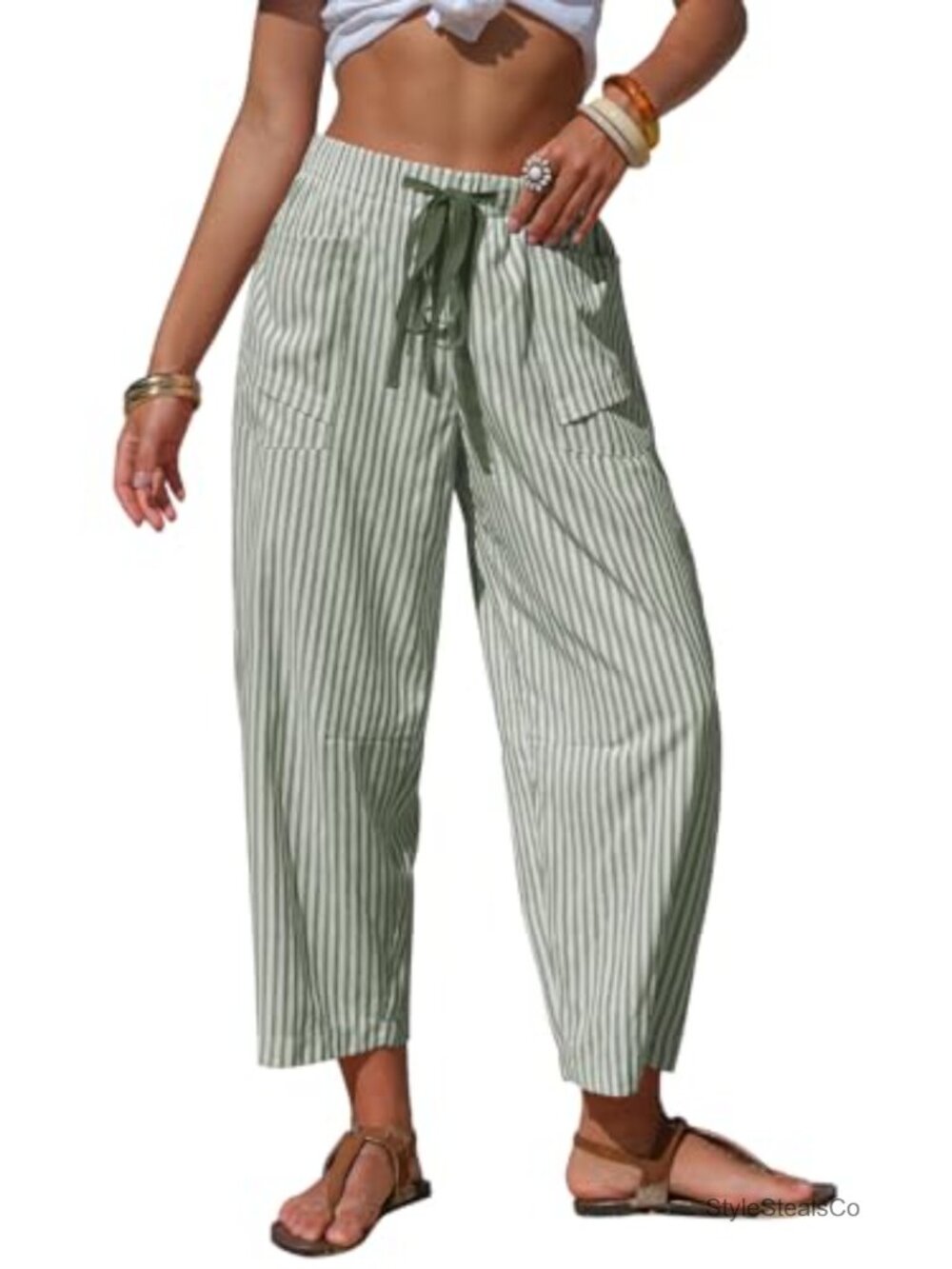 Womens Faux Linen Striped Barrel Capri Pants Drawstring Wide Leg Casual
